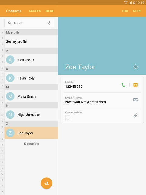 Press the required contact.The contact details are displayed.