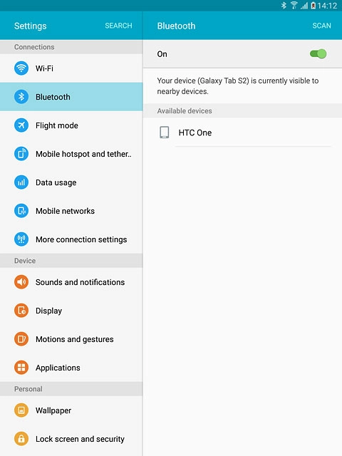 Make sure the other device is turned on and is ready to connect via Bluetooth.Your tablet searches for devices and after a moment, a list of Bluetooth devices within range is displayed.Press the required Bluetooth device.Follow the instructions on the display to pair the Bluetooth device with your tablet.The new device is displayed on the list of paired devices.
