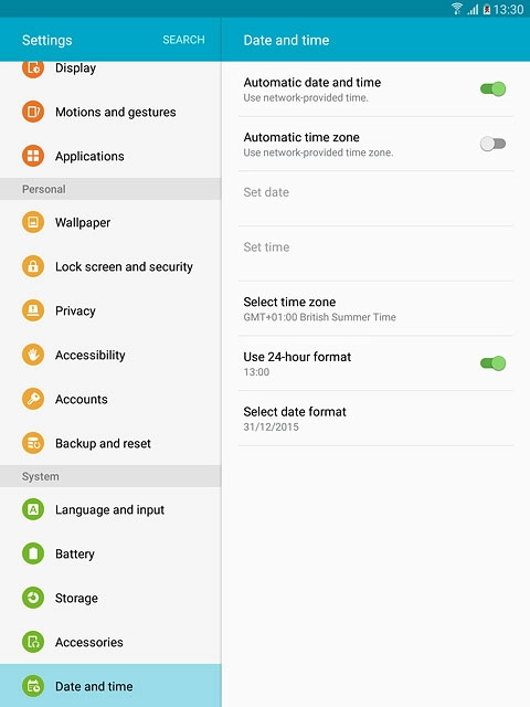 Press Automatic date and time until the function is turned on.