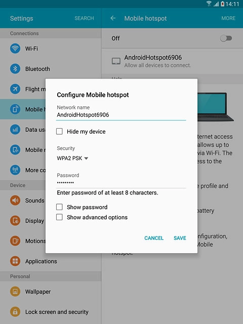 Key in the required name for the Wi-Fi hotspot.Press the drop down list below 