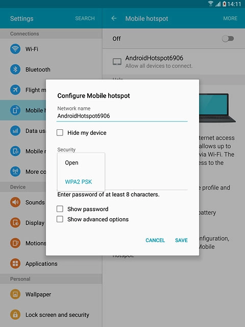 If you don't want to password protect your hotspot:Press Open.