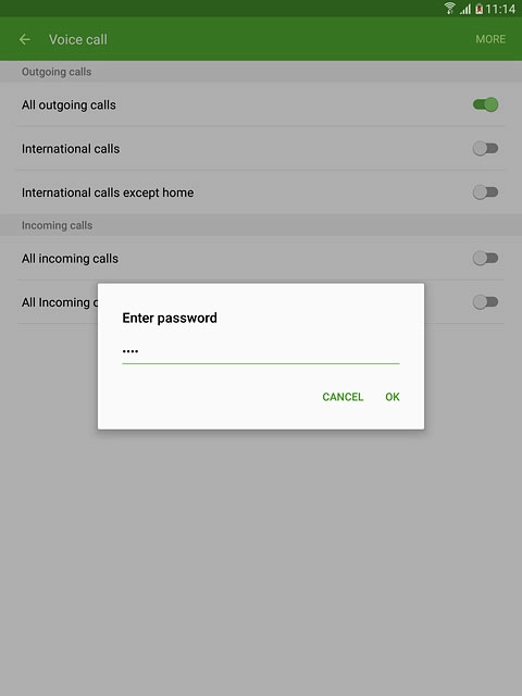 Key in your barring password (default is 0000) and press OK to turn the function on or off.