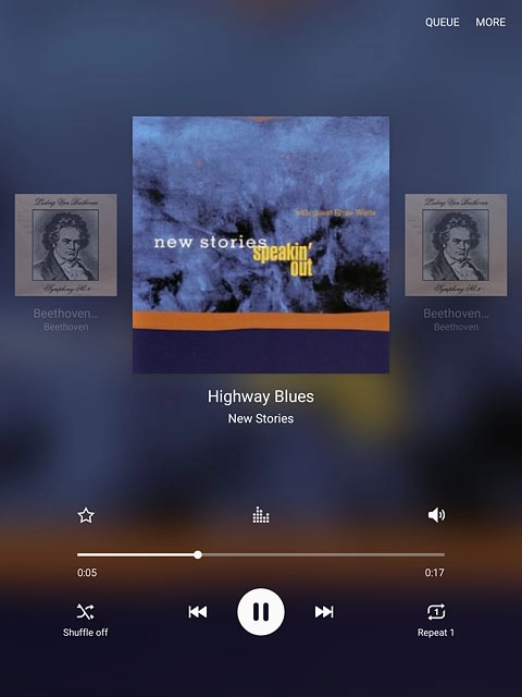 To fast forward or rewind the current audio file:Press the indicator at the bottom of the display and slide it right or left.