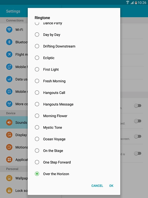 To use one of your tablet's default ring tones:Press the different ring tones to listen to them.