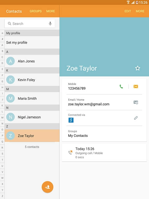 Press the required contact.The contact details are displayed.