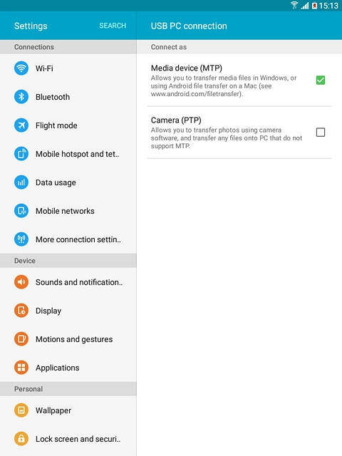 Press Media device (MTP) until the function is turned on.