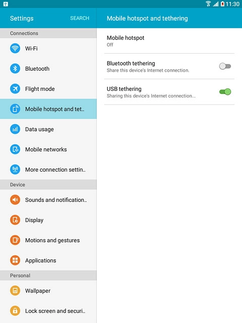 Press USB tethering until the function is turned on.