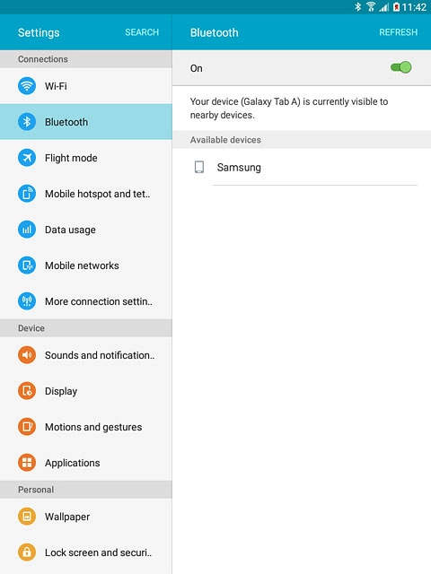 Make sure the other device is turned on and is ready to connect via Bluetooth.Your tablet searches for devices and after a moment, a list of Bluetooth devices within range is displayed.Press the required Bluetooth device.Follow the instructions on the display to pair the Bluetooth device with your tablet.The new device is displayed on the list of paired devices.