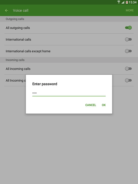 Key in your barring password (default is 0000) and press OK to turn the function on or off.