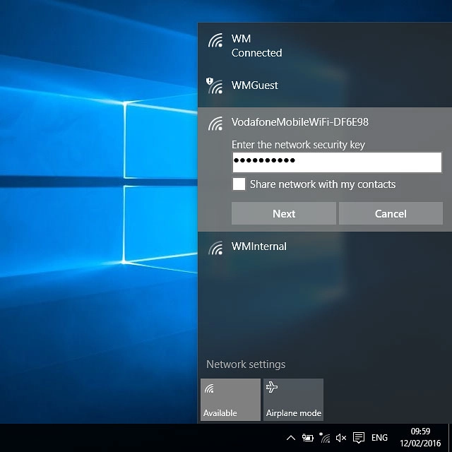 Key in the password for your Wi-Fi hotspot and click Next.A connection to your Wi-Fi hotspot is established.