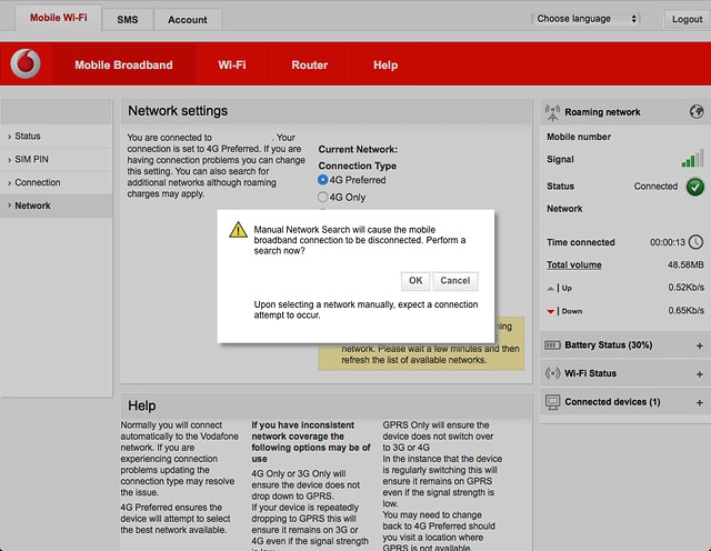 If a connection to the internet has been established:Click OK to end the connection.