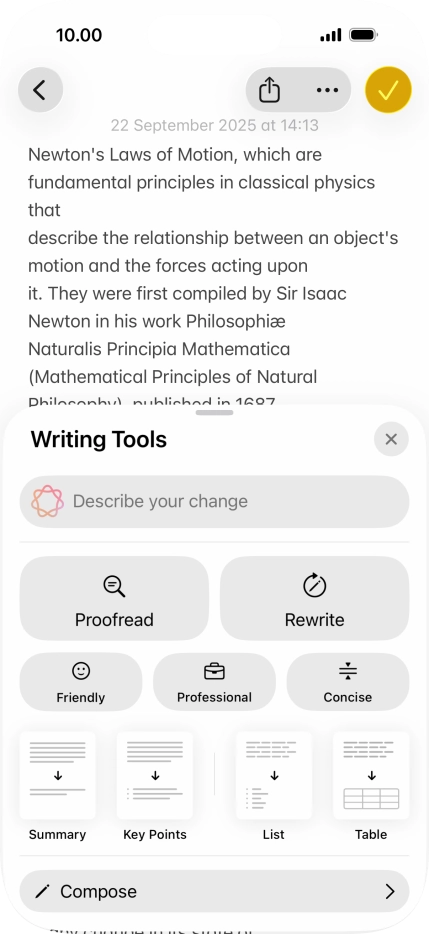 Press Describe your change and write in your own words how you would like the text to be rewritten. Follow the instructions on the screen to use the function.