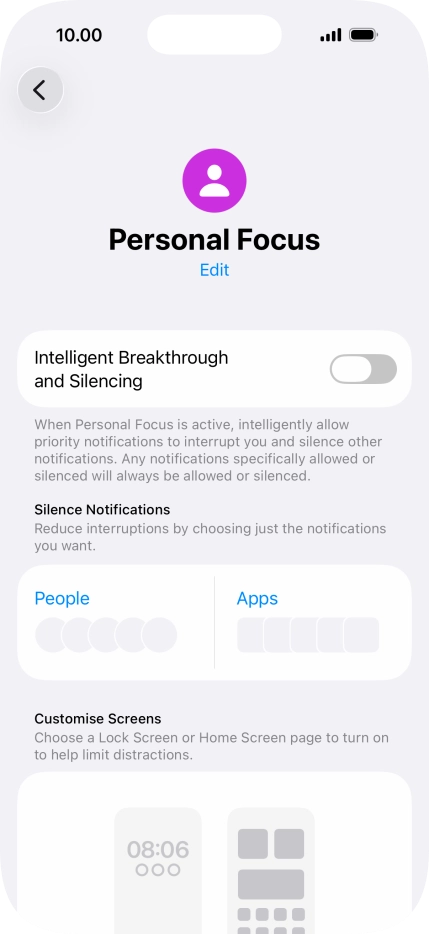 Press People and follow the instructions on the screen to select which contacts you would like to receive calls and notifications from when the selected focus mode is active.