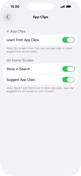 Press the indicators next to the required settings to turn them on or off.