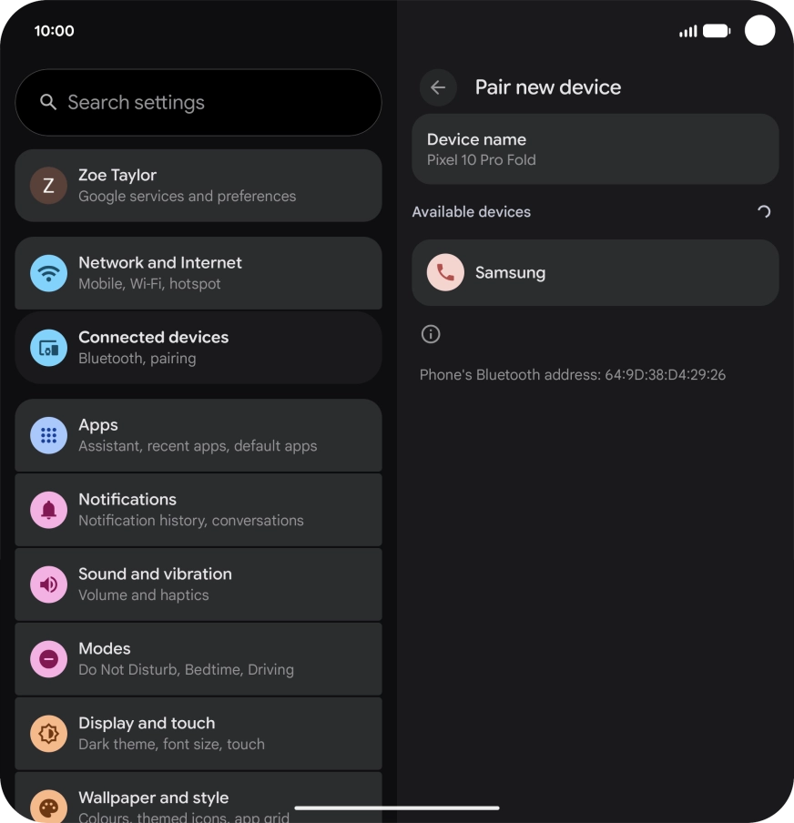 Press the required Bluetooth device and follow the instructions on the screen to pair the device with your phone.