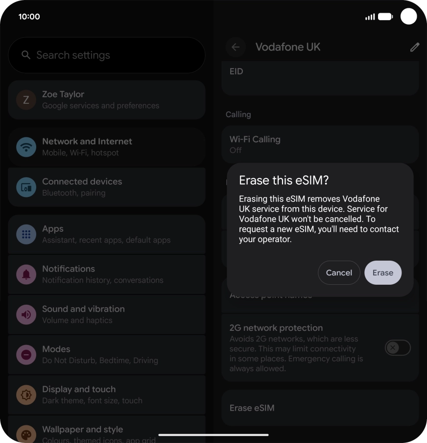 Press Erase and follow the instructions on the screen to delete your eSIM.