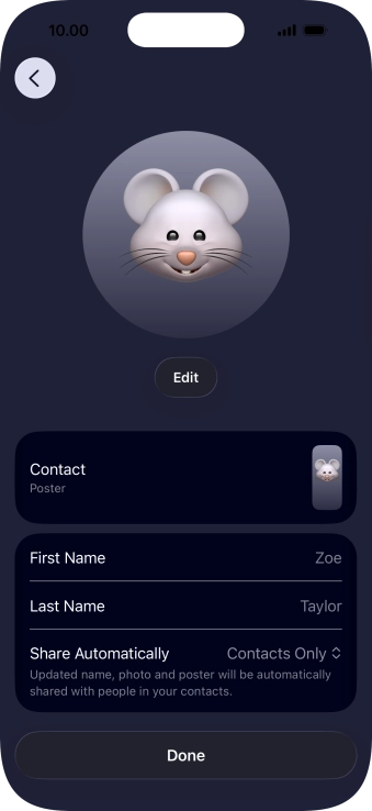 Press the name fields and follow the instructions on the screen to edit your name on the Contact Poster.