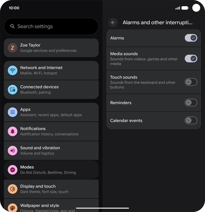 Press the required settings to turn sound and vibration for the selected functions on or off.