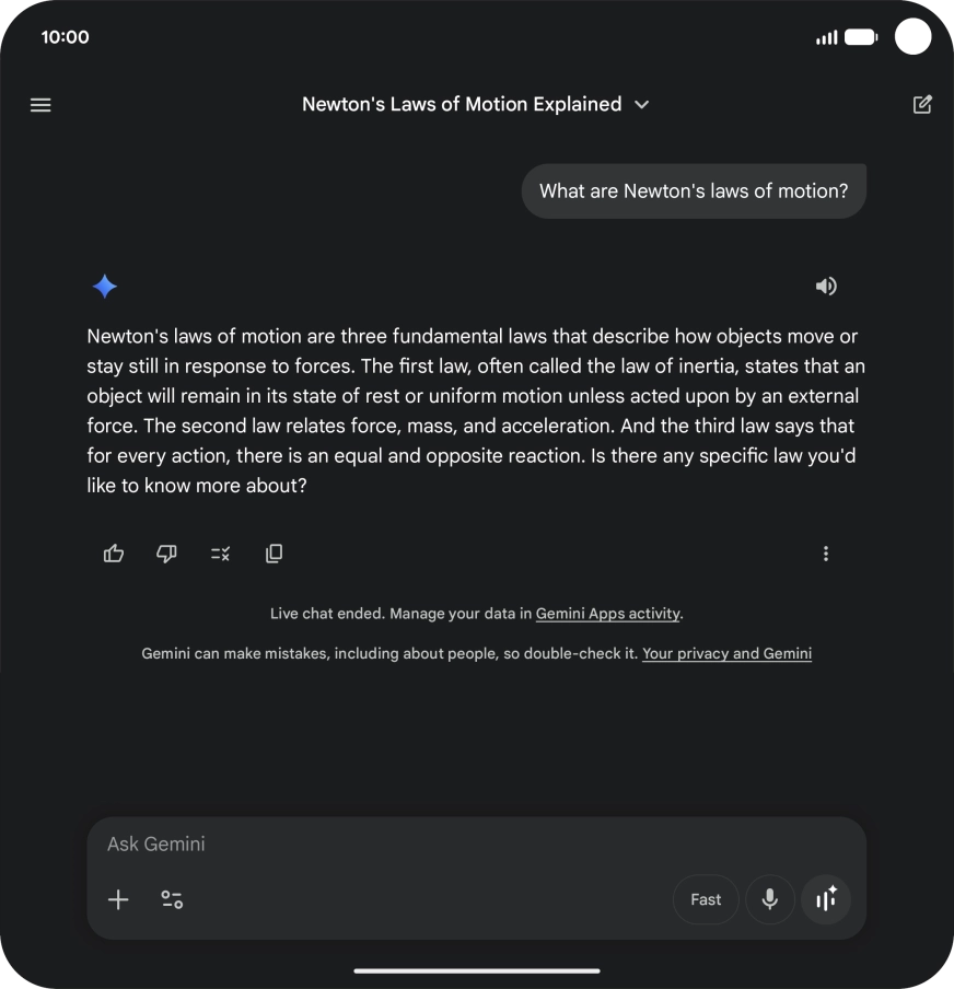 Transcription of the conversation with Gemini Live is now displayed.