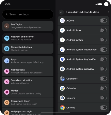 Press the indicators next to the required apps to turn the function on or off.