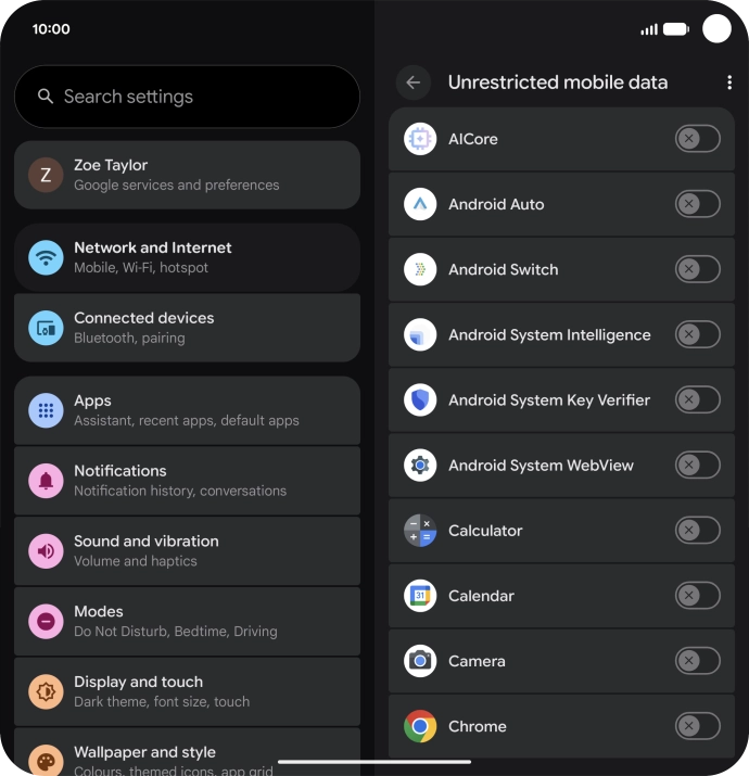 Press the indicators next to the required apps to turn the function on or off.