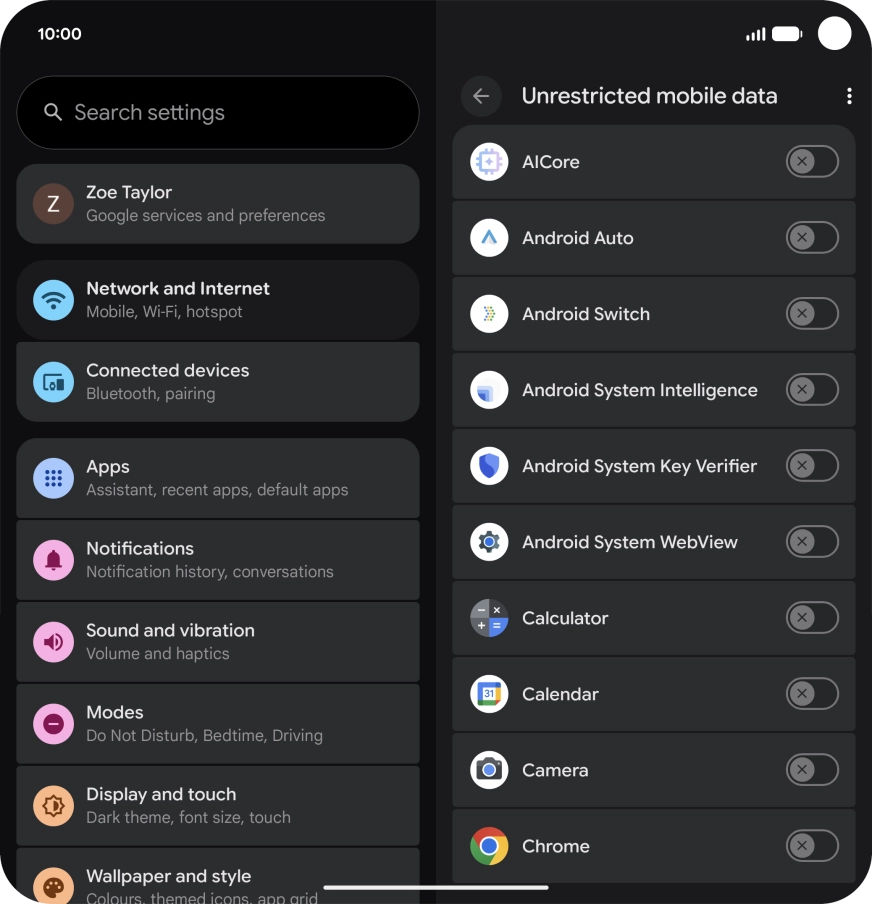 Press the indicators next to the required apps to turn the function on or off.