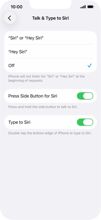 Press the required setting to turn the function on or off. If you turn on the function, you need to follow the instructions on the screen to set up Siri to recognise your voice.