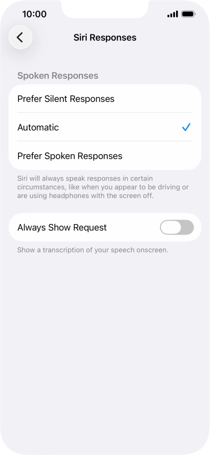 Press the required setting.