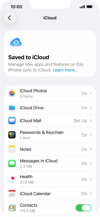 Press the indicators next to the required data types to turn synchronisation of each data type on or off.
