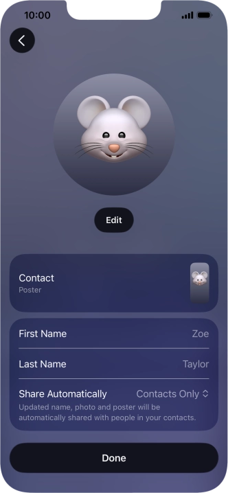 Press the name fields and follow the instructions on the screen to edit your name on the Contact Poster.