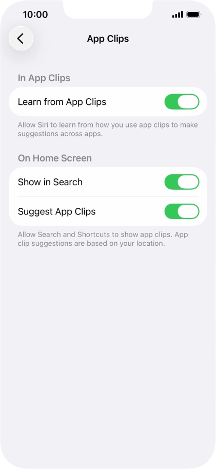 Press the indicators next to the required settings to turn them on or off.