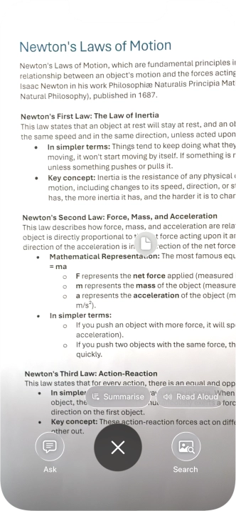 To use visual intelligence on a text, take a picture of the text, press the required setting and follow the instructions on the screen to use the function.