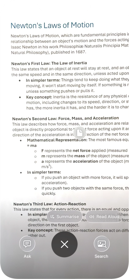 To use visual intelligence on a text, take a picture of the text, press the required setting and follow the instructions on the screen to use the function.