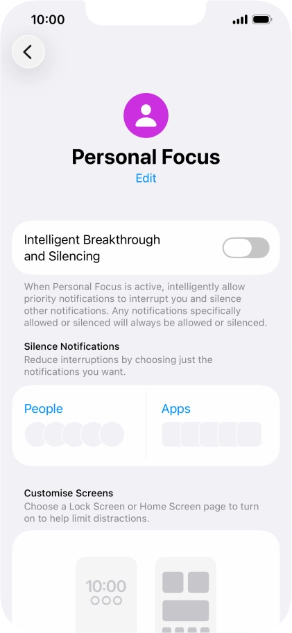Press People and follow the instructions on the screen to select which contacts you would like to receive calls and notifications from when the selected focus mode is active.