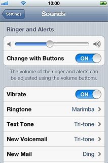 To turn vibration on or off when silent mode is turned off:Press the indicator next to Vibrate below Ringer and Alerts.Depending on the current setting, the function is turned on or off.