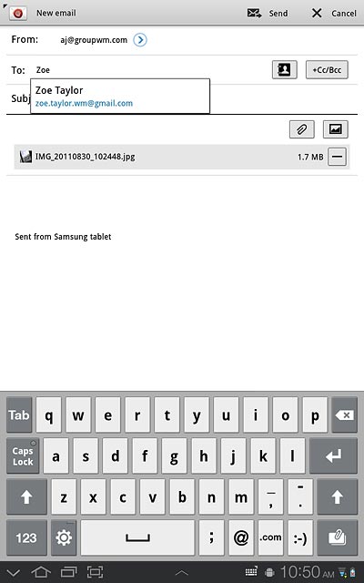 An email message containing the picture or video clip is created.Key in the first letters of the required contact.Matching contacts are displayed.Press the required contact.