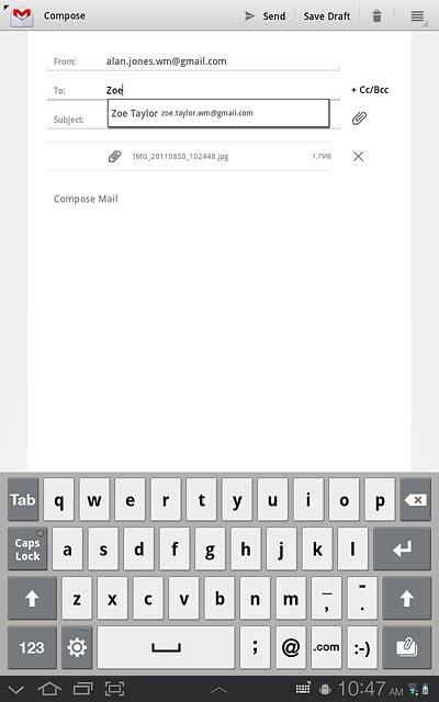 An email message containing the picture or video clip is created.Key in the first letters of the required contact.Matching contacts are displayed.Press the required contact.