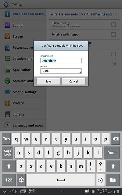 Press the field below Network SSID and key in the required name for the Wi-Fi hotspot.