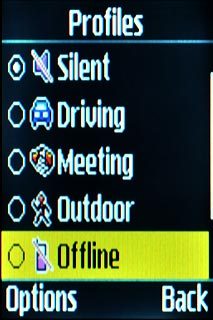 To turn on flight mode:Scroll to Offline and press the Navigation key.