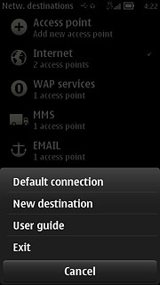 Press New destination.Key in INTERNET