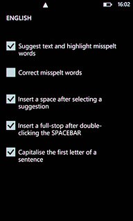 Press Correct misspelt words to turn spell check on or off.