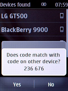 Check that the same access code is displayed on both devices and press Yes.You also need to accept the access code on the other device.The new device is displayed on the list of paired devices.
