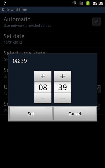 Press + or - next to hours and minutes to set the time.