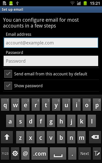 Press account@example.com and key in your email address (such as name@provider.com).