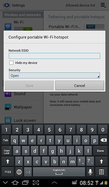 Press the field below Network SSID and key in the required name for the Wi-Fi hotspot.