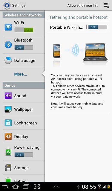 Press the field next to Portable Wi-Fi h... to select ON.