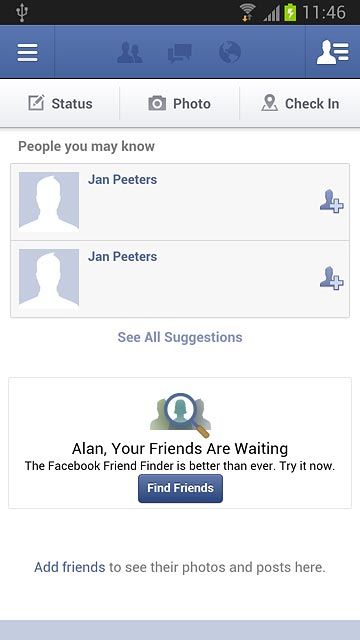 You can now use the application.Please note that Facebook isn't part of the original application package and therefore only a general description is given here.You have a number of options, such as:Write status updatesSend messagesWrite text on WallUpload picturesSelect application settings
