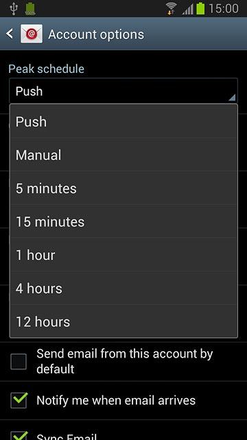 Press Push, Manual or the required interval.Please note:Each time your phone connects to the server to synchronise, data charges will apply.