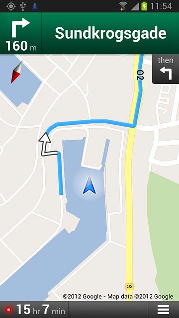 The navigation window with information about your route is displayed.The next turn and the next route detail are displayed at the top of the display.