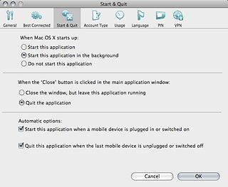 Click the box next to Start this application when a mobile device is plugged in or switched on to turn automatic start-up when connecting USB modem to computer on or off.